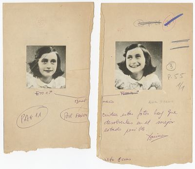 Rare passport photos of Anne Frank and items from an exhibition held in Montevideo in her memory. 