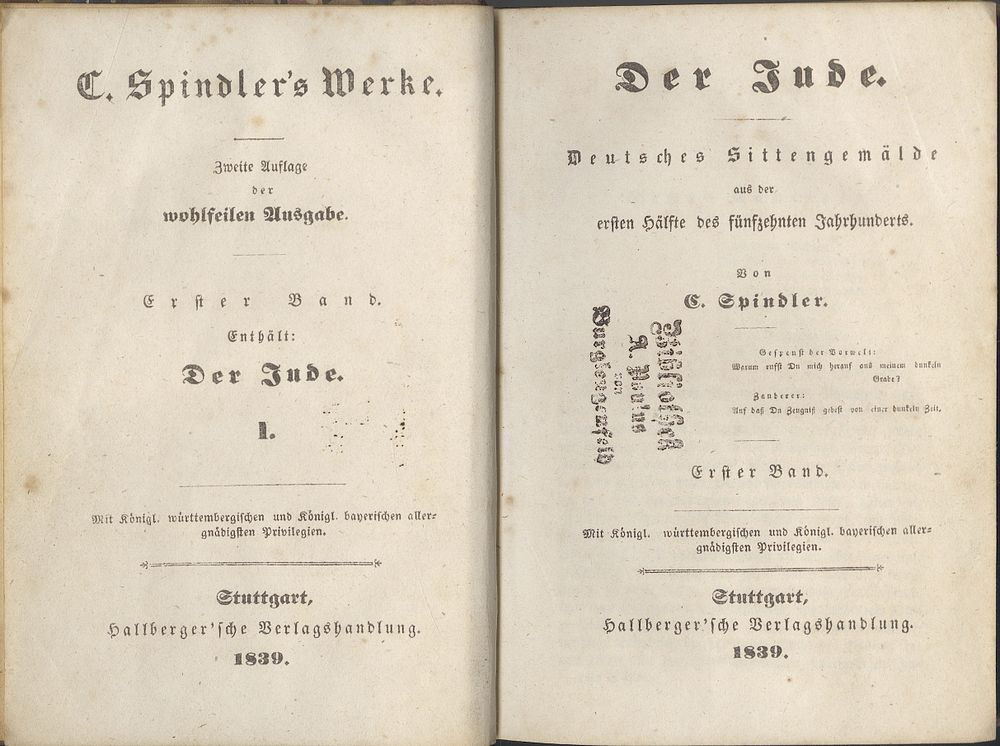 “The Jew” – Early Antisemitic Publication – Stuttgart, 1839. Der Jude: A German Social 