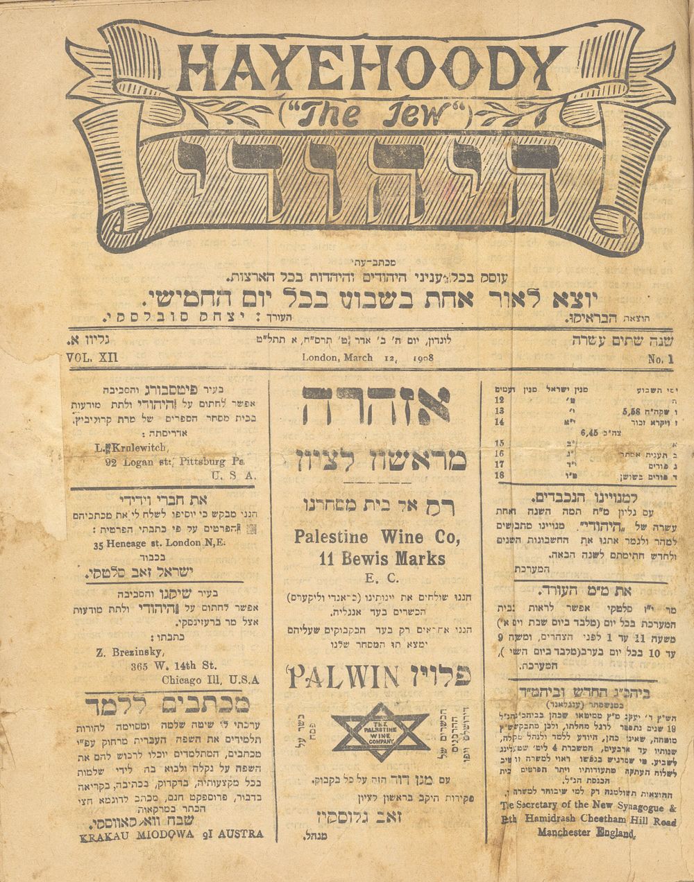 Collection of Issues of “HaYehudi” Founded by Yitzhak Sobolevsky. London, 1908–1909. Bound 