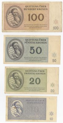 Four banknotes from the Theresienstadt Ghetto. Four banknotes from the Theresienstadt Ghetto in 