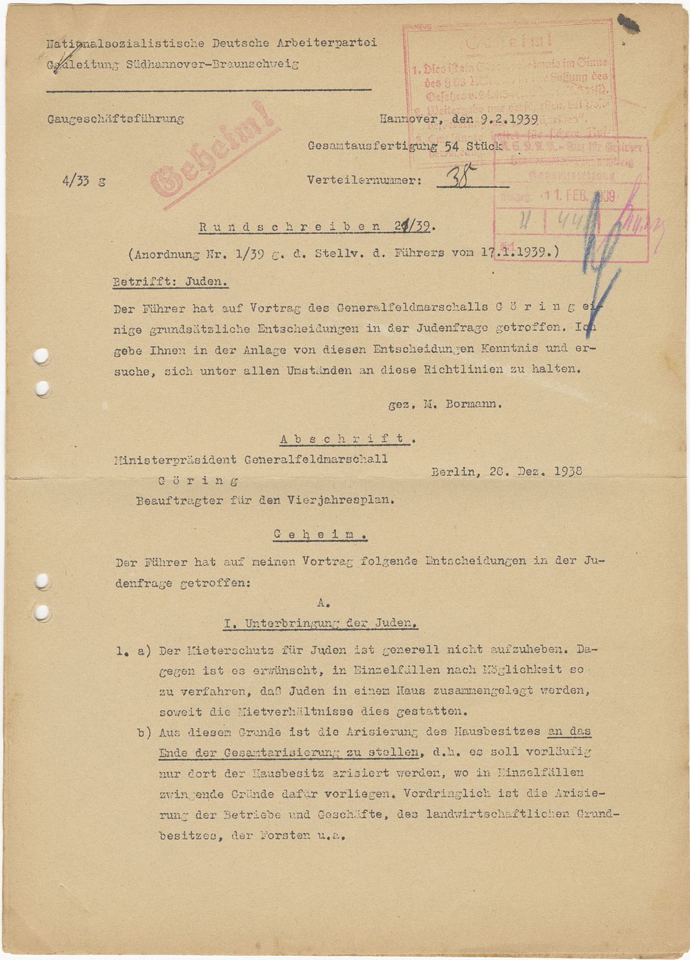 Official circular – “Secret” regulations concerning the exclusion of Jews from all areas of 
