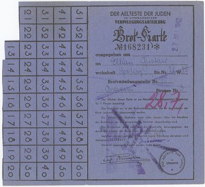 Daily bread ration card. Ł&oacute;dź Ghetto, 1942. DER AELTESTE DER JUDEN IN LITZMANNSTADT 
Card No. 