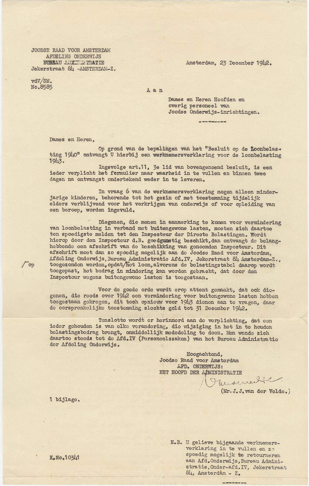 Administrative letter issued by the Jewish Council of Amsterdam under Nazi occupation 