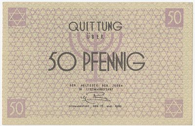 Banknote from the Ł&oacute;dź Ghetto, issued as part of the first series of notes – 1940. 50 Mark 