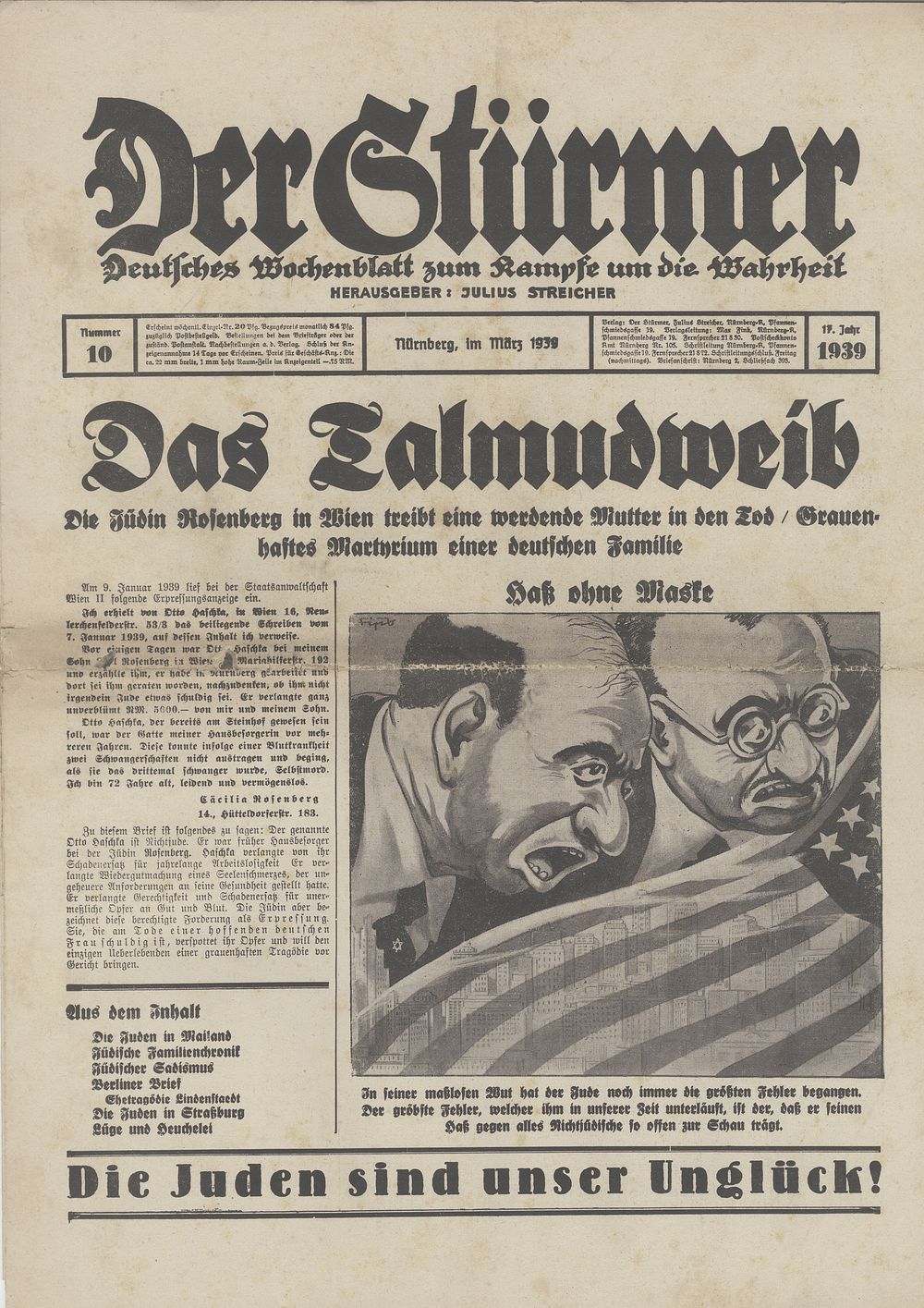 Two issues of the antisemitic newspaper Der St&uuml;rmer – February 1939. Der St&uuml;rmer – Two issues 