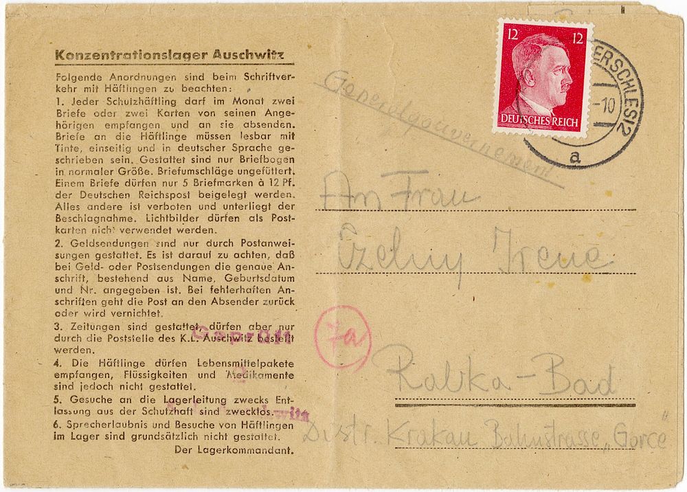 A letter sent from the Auschwitz camp by a Polish prisoner in March 1944. A letter sent from 