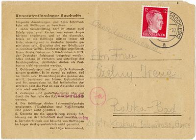 A letter sent from the Auschwitz camp by a Polish prisoner in March 1944. A letter sent from 