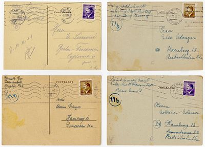 Four package receipt confirmation postcards sent by Jews from the Theresienstadt Ghetto in 1944. 