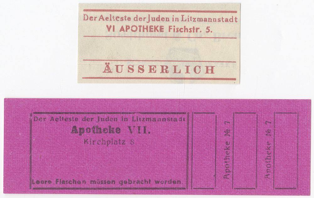 Two pharmaceutical labels from the Ł&oacute;dź Ghetto. Two pharmaceutical labels from the Ł&oacute;dź Ghetto 