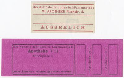 Two pharmaceutical labels from the Ł&oacute;dź Ghetto. Two pharmaceutical labels from the Ł&oacute;dź Ghetto 