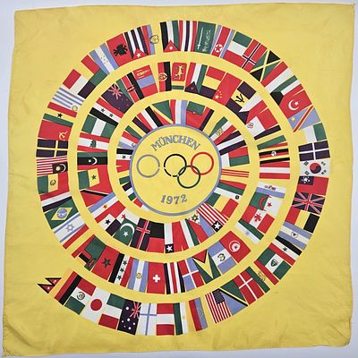 מפת בד מאולימפיאדת מינכן 1972. מפת בד צבעונית מאולימפיאדת מינכן 1972, בה נטבחו 11 מאנשי המשלחת 