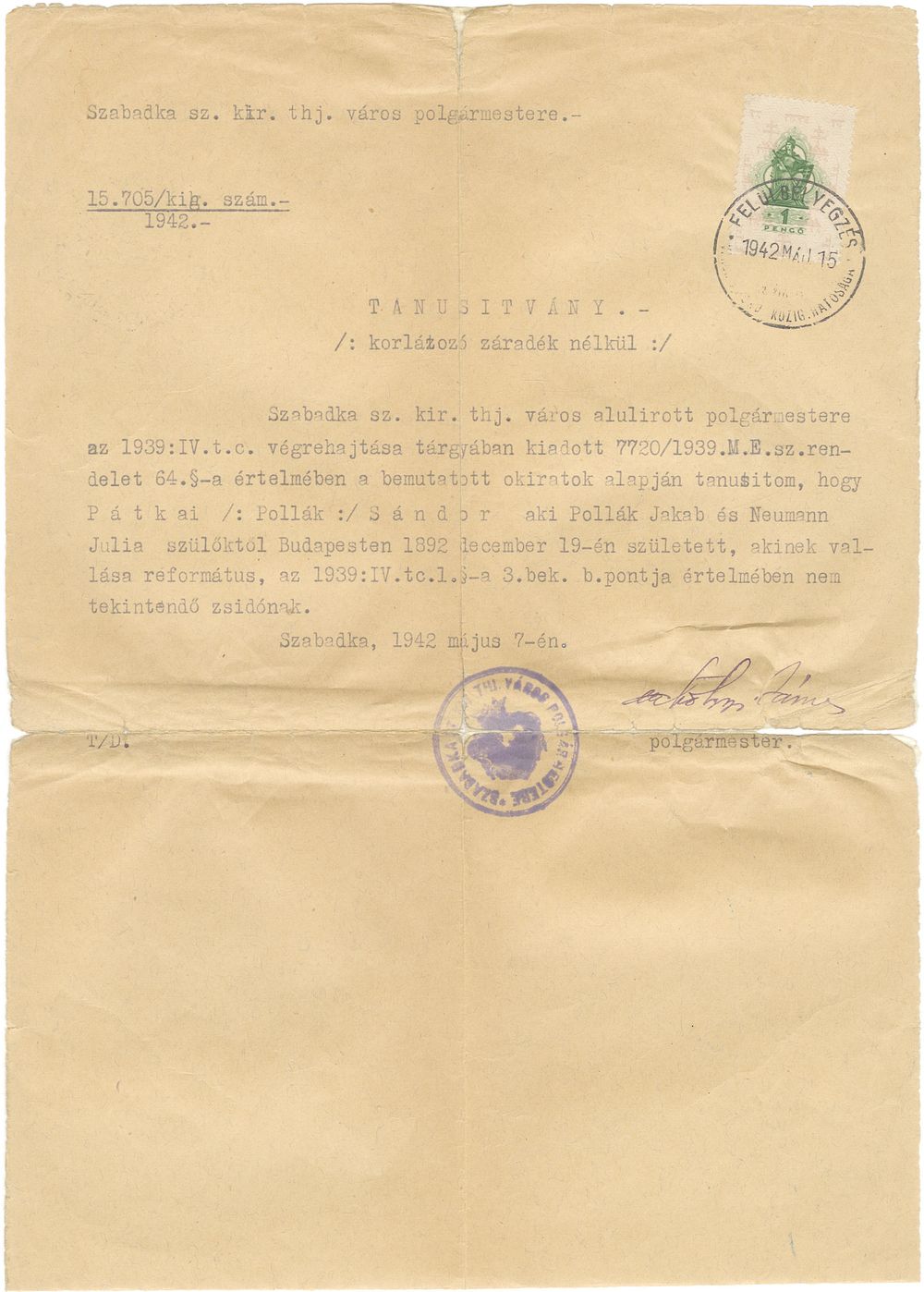 A life-saving document - An official certificate for a Jew stating that he is not of the Jewish 