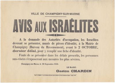 Poster requiring Jews to report to Seine-et-Marne for the registration of their personal 