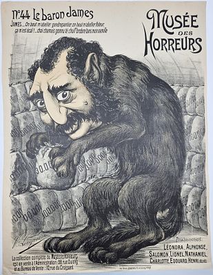 Baron James de Rothschild, depicted as a wolf rummaging through a pile of money sacks - Poster 
