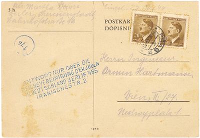 Official Postal Card Sent from the Theresienstadt Ghetto to Vienna - September 1944. Official 