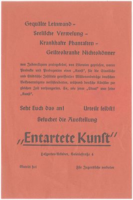 Invitation Broadside to the Antisemitic "Degenerate Art" (Entartete Kunst) Exhibition. Munich, 1937