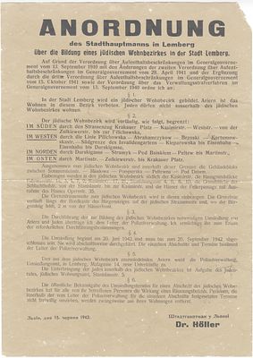 Order Establishing the Jewish Ghetto in Lw&oacute;w (Lemberg), Published on June 15, 1942. ANORDNUNG 