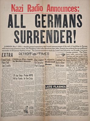 “All Germans Surrender!” – Extra Edition of the Detroit Times Announcing the Surrender of Nazi 
