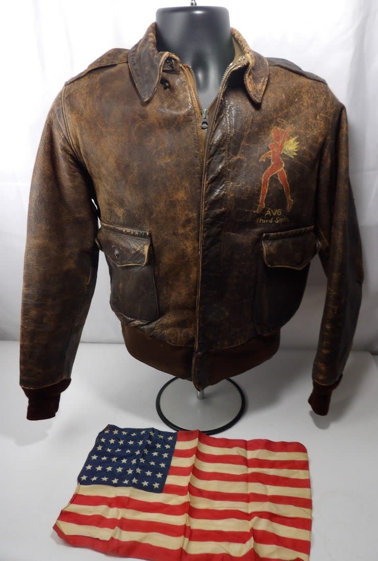 Lot 172: 3rd Pursuit Squadron Hell's Angel's AVG Painted A-2 Jacket