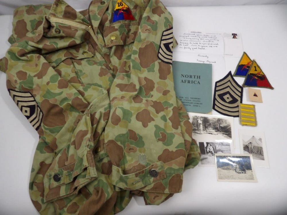 Lot 177: Named WW2 WWII 1st and 16th Armored Grouping With Frogskin Camo coveralls
