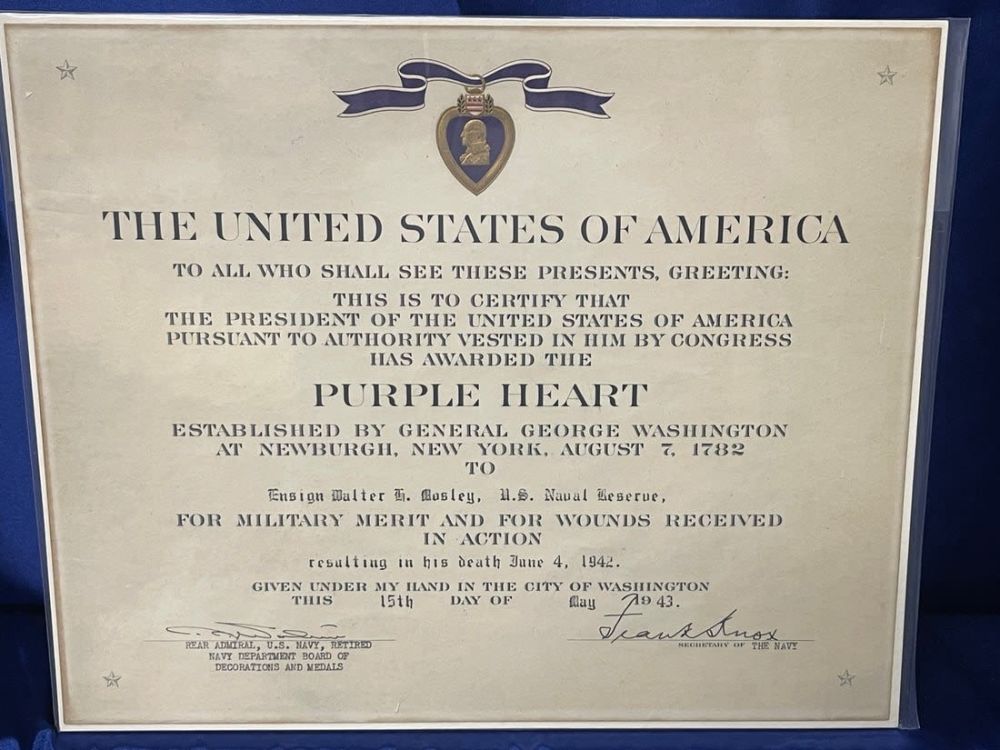 Lot 201: WWII USN Purple Heart Certificate for Midway - June 4, 1942 - Naval Aviator