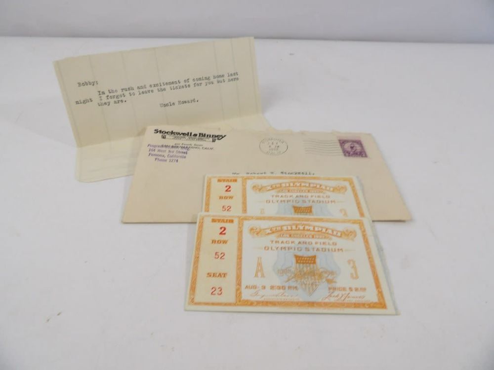 Lot 390: Original 1932 Olympic Track and Field Tickets with Letter