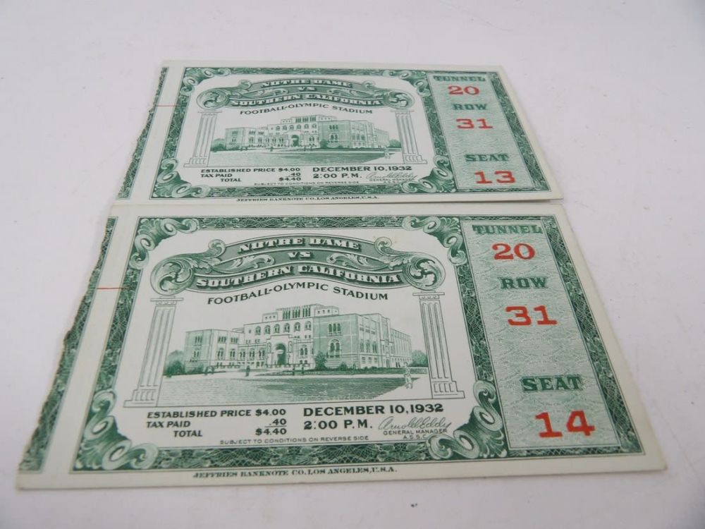 Lot 391: Original 1932 Notre Dame vs. University Southern California Tickets