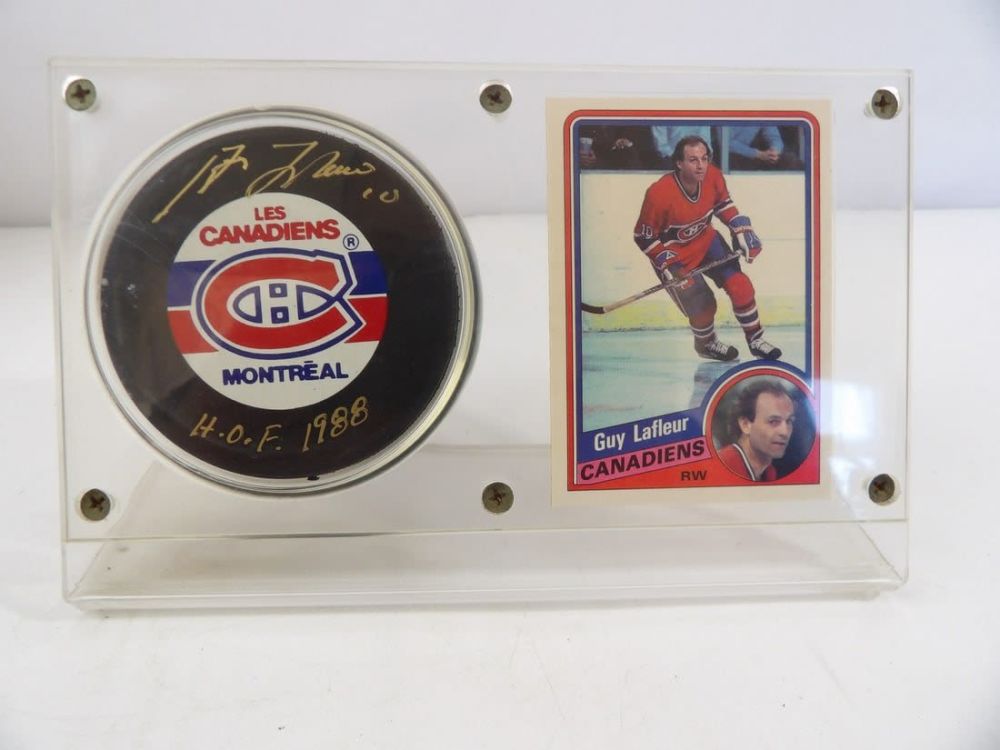 Lot 402: Guy Lafleur Autographed Hockey Puck and Trading Card