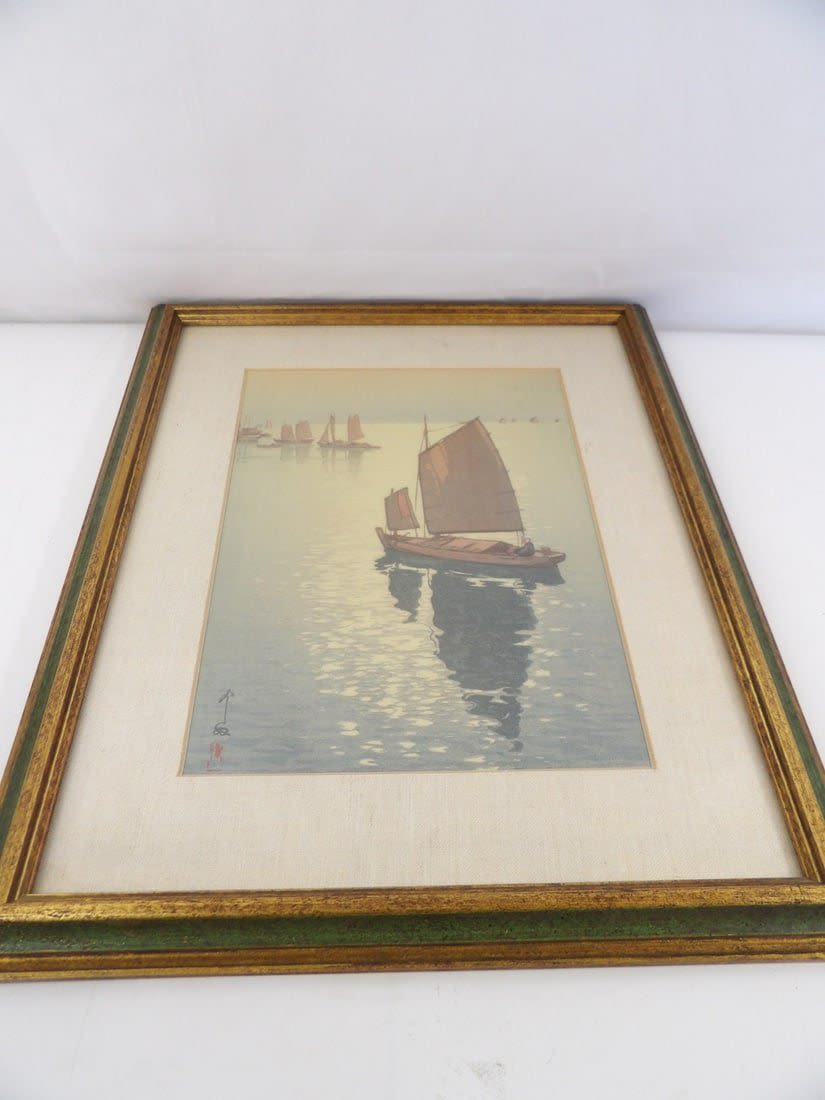Lot 408: Vintage yoshida hirosho Japanese "Calm Wind" Color wood block print