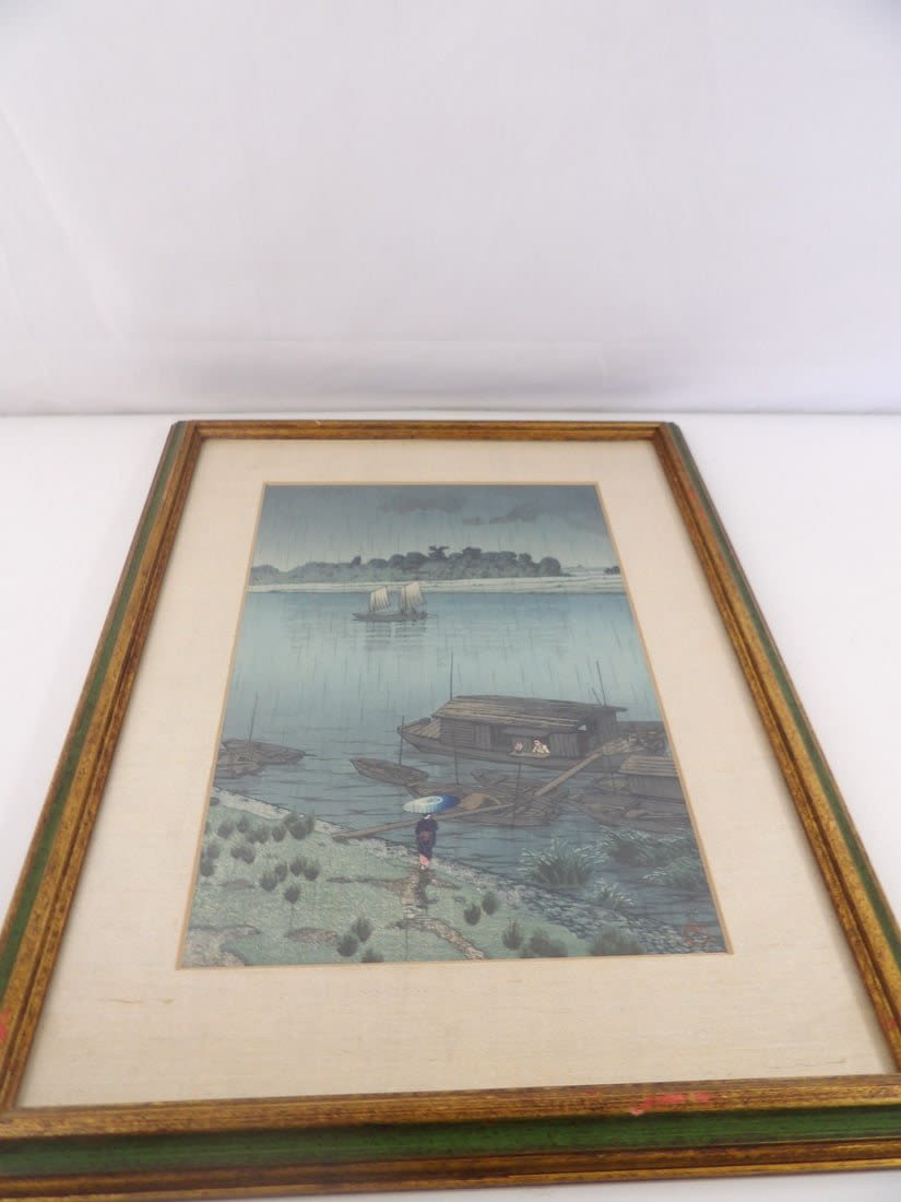Lot 409: Vintage Kawase Hasui Japanese "Summer Rain" color wood Block Print