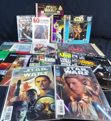 Large lot of Star Wars Ephemera. Lot includes magazines, newspaper inserts, books, comics and pogs