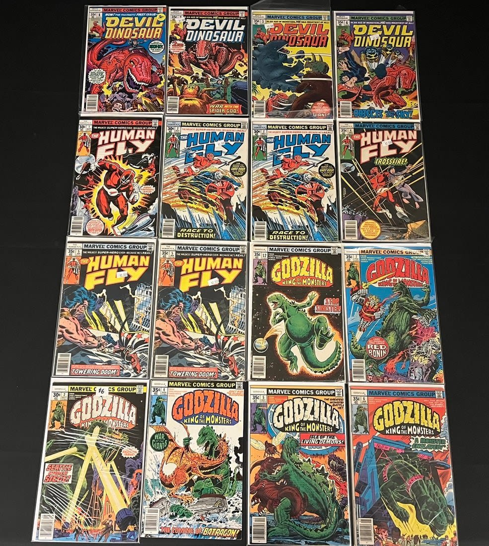 Lot 764: Bronze Godzilla and Devil Dinosaur Comic Book Lot - Human Fly 1