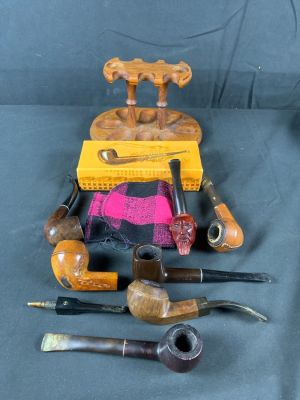 Vintage Tobacco Pipe and Stand Lot. Includes Various Makers. Please note one stem is loose from 