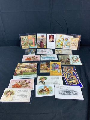 Large lot of vintage advertising postcards. Some may have writing or scrapbook residue on back. 