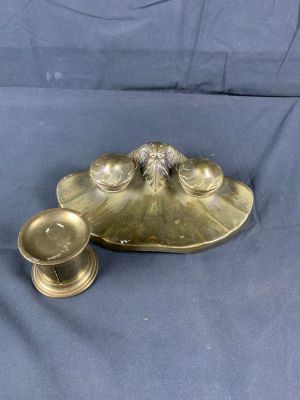 Vintage brass inkwell and stamp roll holder. Please note inkwell has one missing ink cup.