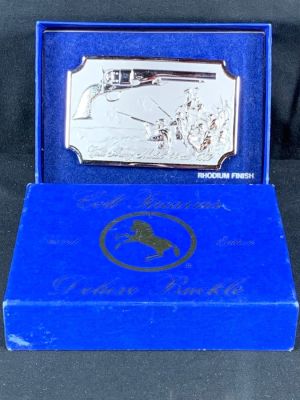 Colt firearms second edition collectors belt buckle in box. Features the cole army model .44 cal 