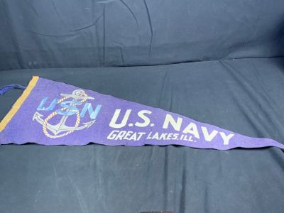 WW2 WWII wool US Navy Great Lakes pennant. Has stains and tear at end of pennant. Roughly 28" long