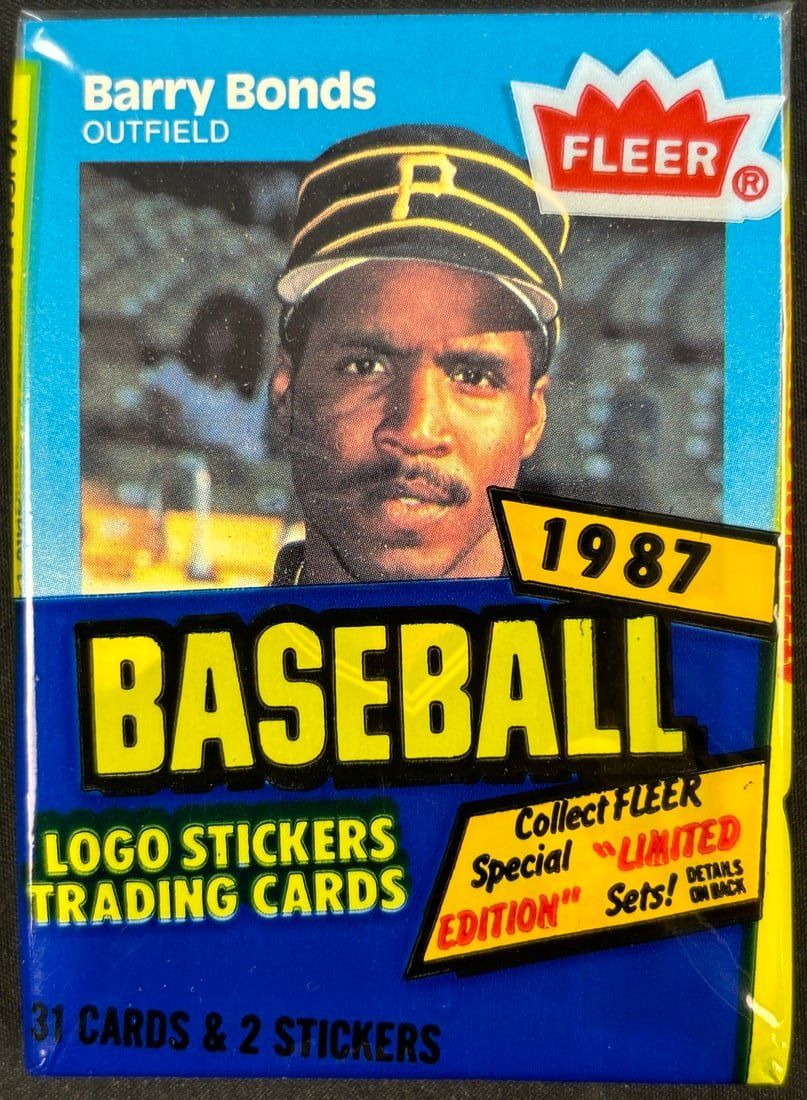 Lot 30: Sealed 1987 fleer baseball cello pack Barry Bonds RC on front.