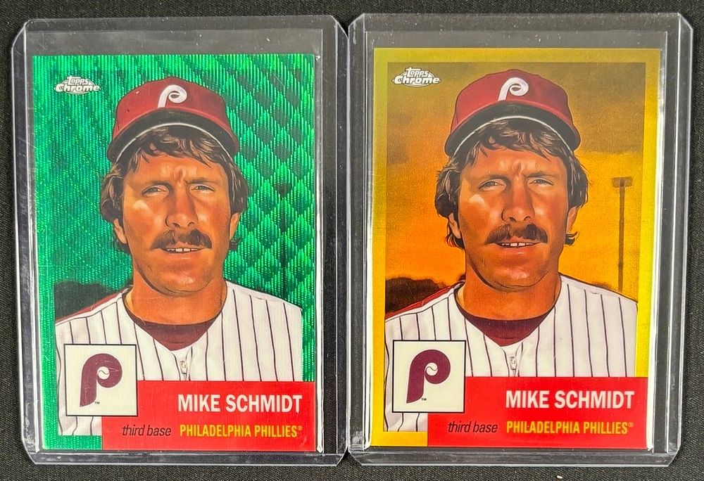Lot 111: 2022 Topps Chrome Platinum green Wave Refractor Mike Schmidt 13/99 and 2022 Topps Chrome Platinum