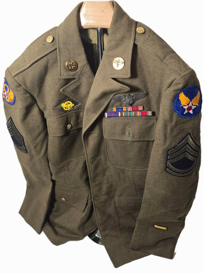 WWII 8th AAF Ike Jacket Flight Engineer Faded Laundry number on inside. Amazing wing and ribbon 