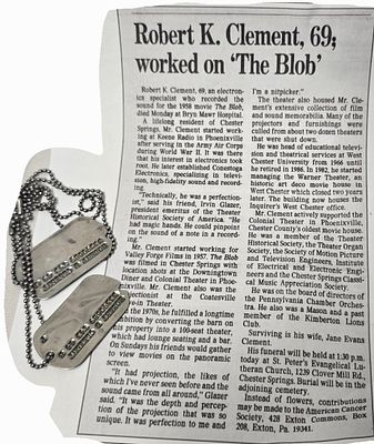 WWII Dog Tags belonging to Robert E Clement whom worked on the original film "The Blob". WWII 