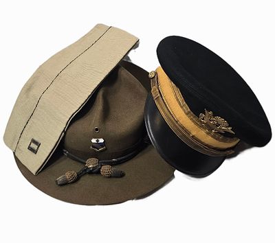3 WWII Hats, captain tan garrison, instroctor hat, and Luxemberg Officers Cap
