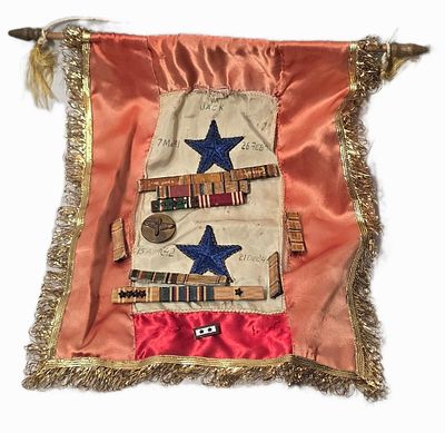 WWII Son's in Service pennant with ribbon bars and other insignia (fragle)
