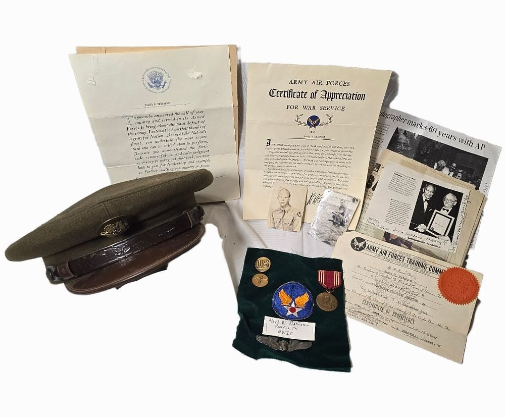 Lot 64: AMAZING Named Grouping WWII Cap, Named Good Conduct, paperwork, photo's. Air Force AAF , amico wing