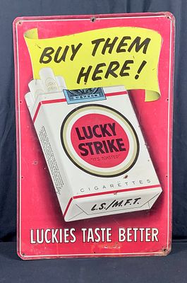 Rare 1950's Lucky Strikes Embossed Metal Advertising sign. This incredible piece is a rather 