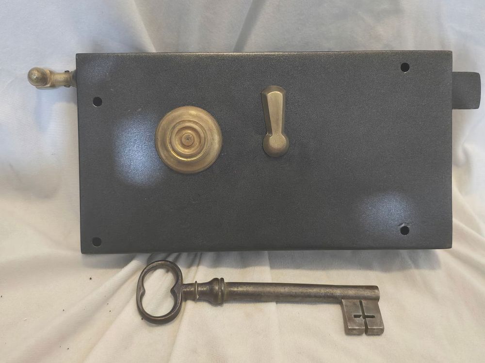 Lot 74: 1700s French Church Lock with Key used on massive church doors. Restored inside and out. Large Heavy