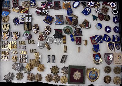 US Military Insignia Collection of Unit Crests, Rank, and Collar Brass. Large and varied lot of 