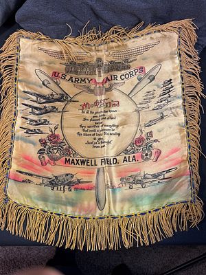 WWII Era US Army Air Corps Silk Sweetheart Pillow Cover Maxwell Field, Alabama. This lot 