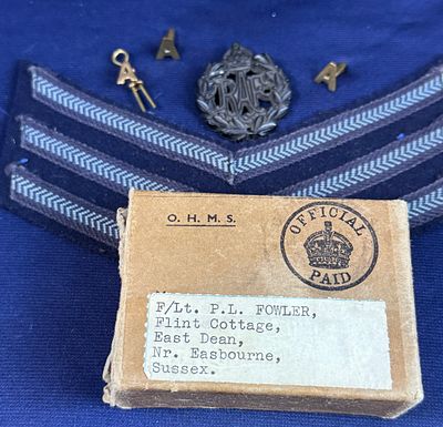 WWII RAF Lot - ID.d. Small identified RAF Lot. Includes plastic economy RAF OR cap badge, SGT.s 