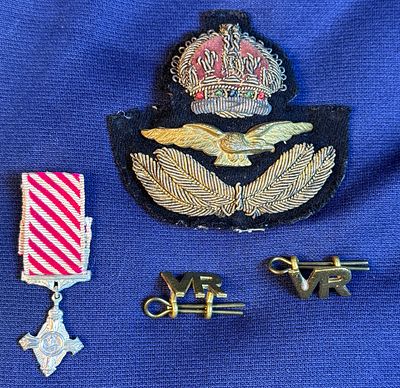 WWII RAF Bullion Cap Badge, Mini AFC, and VR Insignia. Scarge early Air Force Cross Miniature 